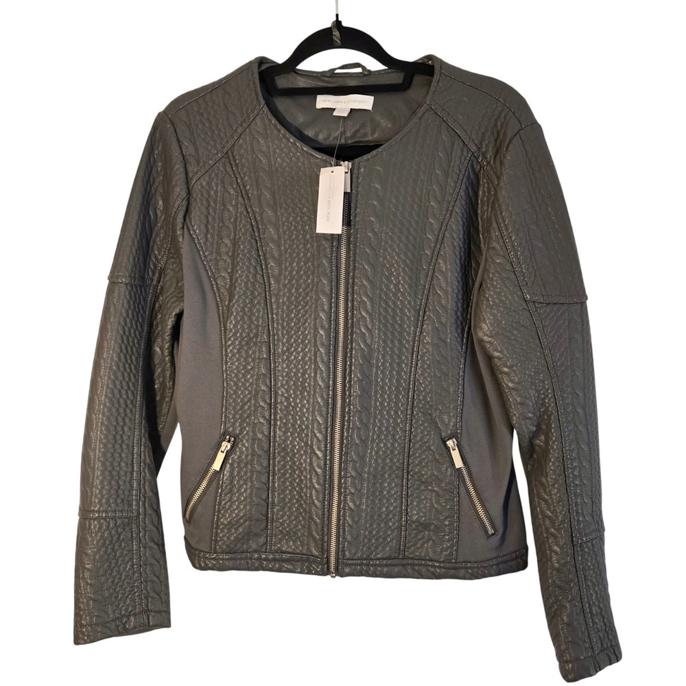 NEW YORK &‎ COMPANY Women's Gray Faux Leather Moto Biker Jacket Size Large